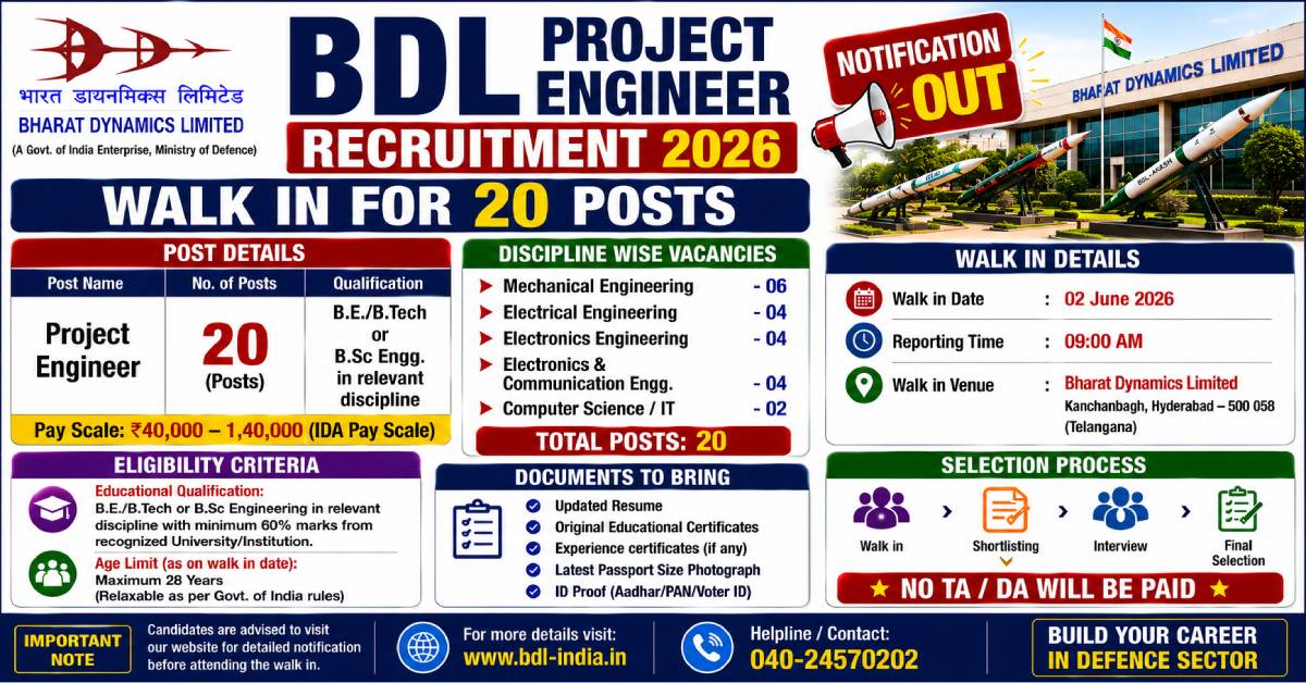 BDL Project Engineer Recruitment 2026